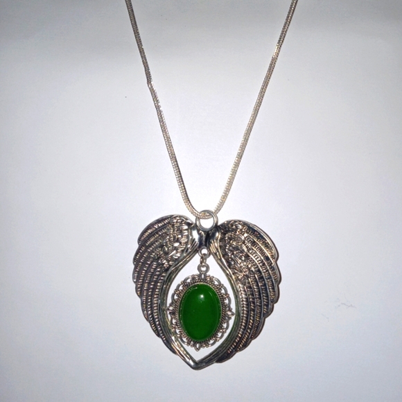 Elegant Floating Emerald Centered in Angel's Wings Pendant & Necklace - Picture 1 of 3
